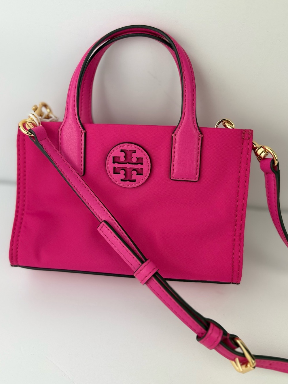 Tory Burch Ella Nylon Mini Tote Crossbody Bag Vibrant Hot Pink NEW